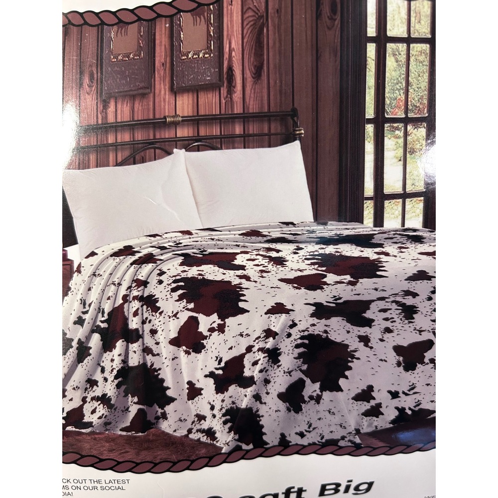 Mia Blanket Jumbo King Brown White Cow Print Western Plush Throw 94 x 120 " New